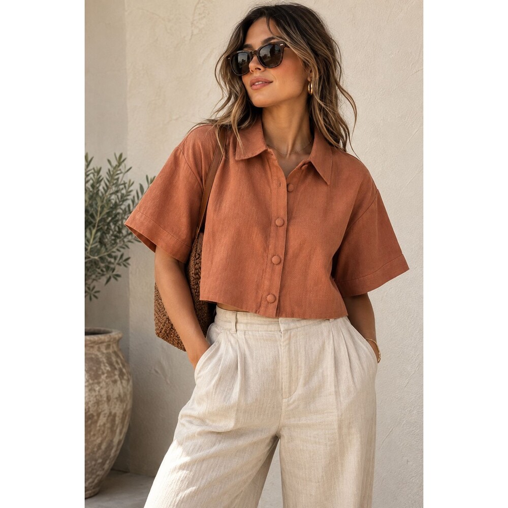 MESHKI Noa Short Sleeve Linen Crop Top – Terracotta – Size M